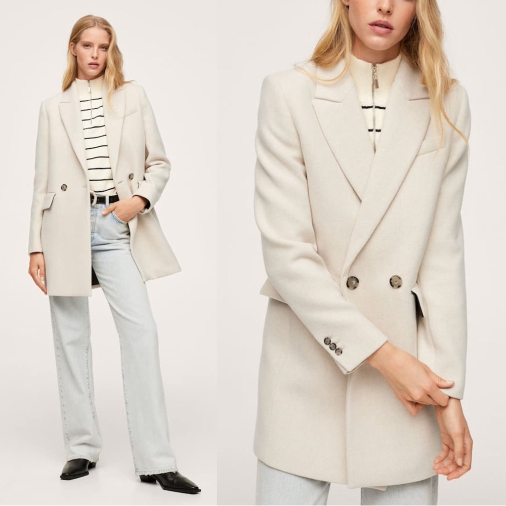 MANGO NWT MANTECO Wool Coat Neutral Beige Double Breasted Dali Wool Trench Coat
